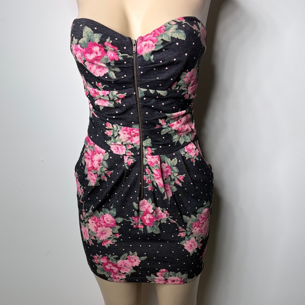 Mystic Black Strapless Floral Bodycon Dress with Pink Roses